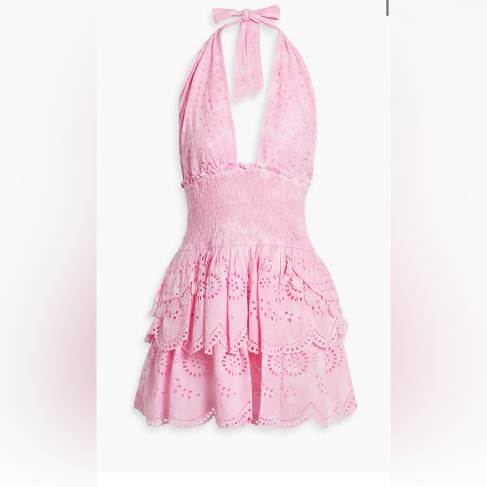 Love Shack Fancy Deanna Shirred Halter Mini Dress - small